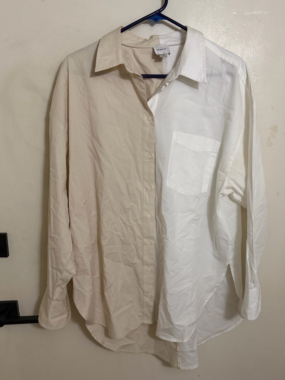Maeve Anthropologie Bennett Button Down Shirt Colorblock Large L Tan Beige White